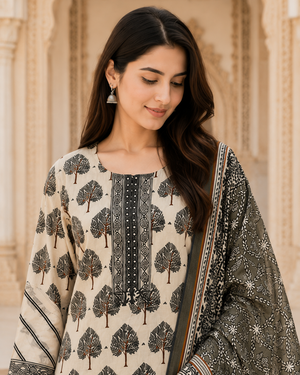 Women's Heritage Tree Printed Kurta Set with Dupatta
