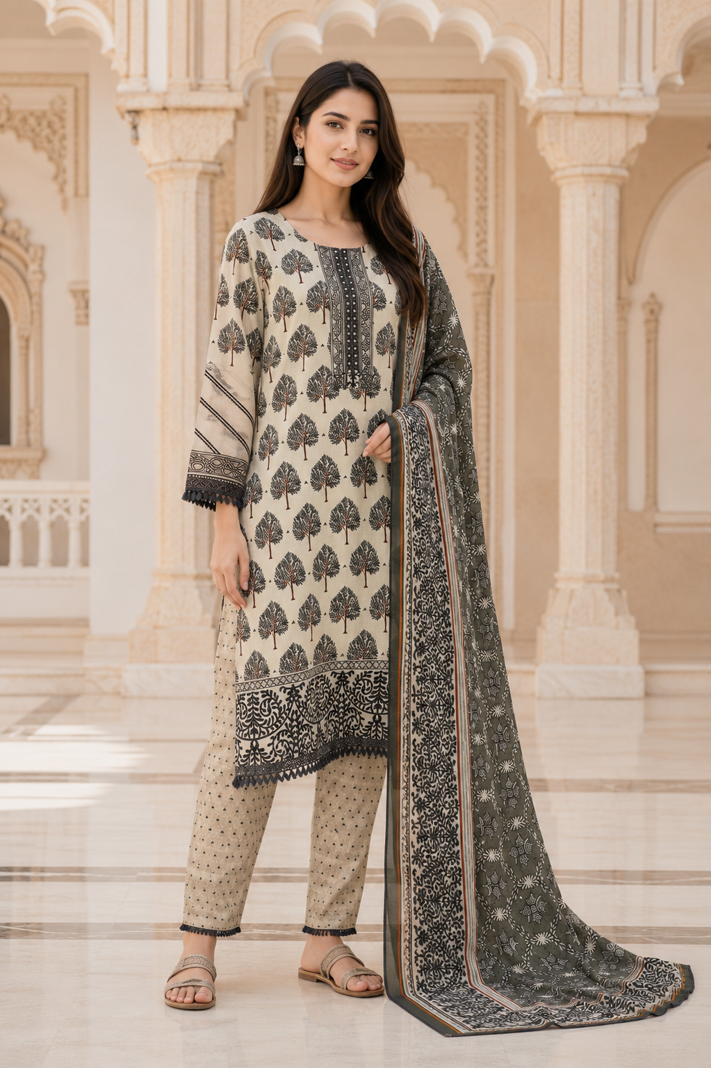 Women's Heritage Tree Printed Kurta Set with Dupatta
