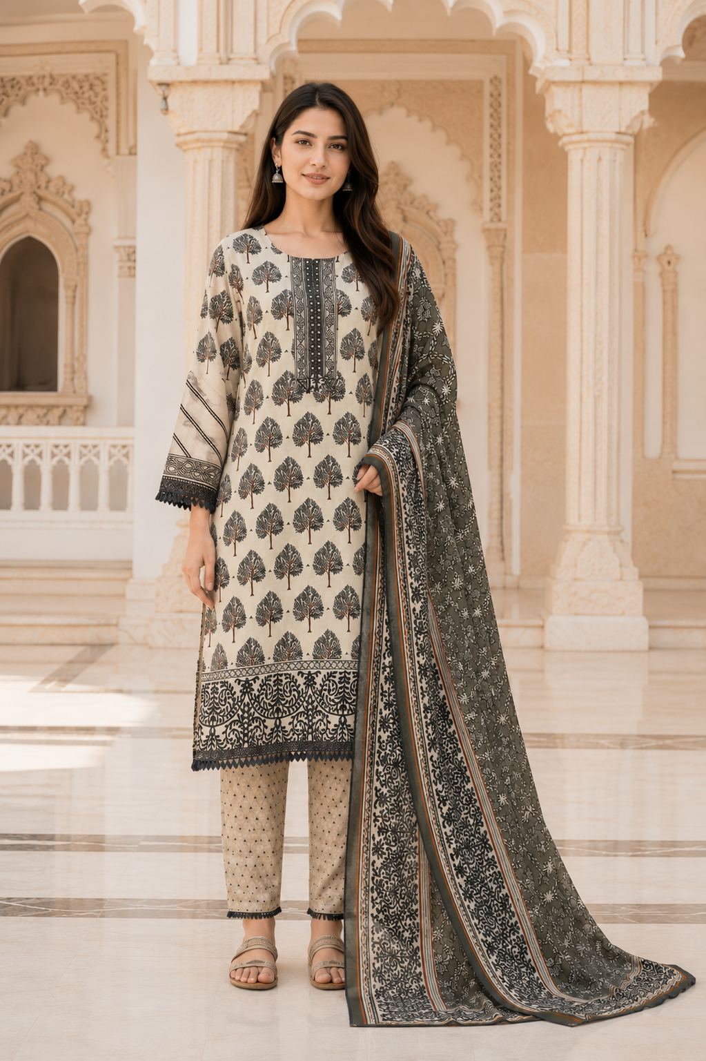 Women's Heritage Tree Printed Kurta Set with Dupatta