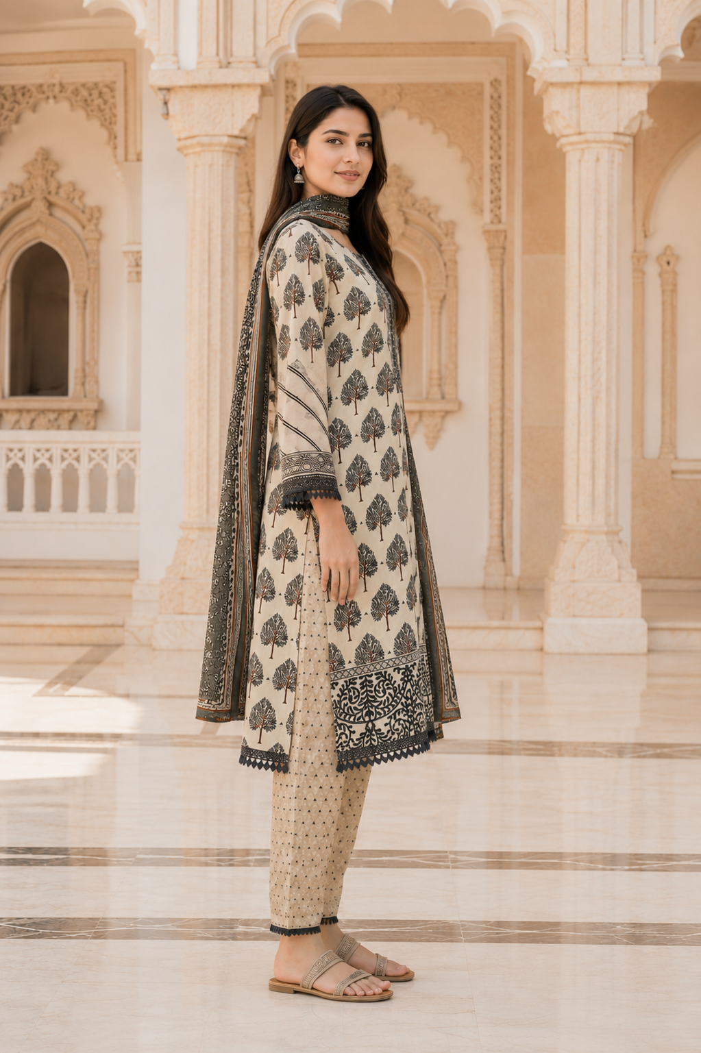Women's Heritage Tree Printed Kurta Set with Dupatta