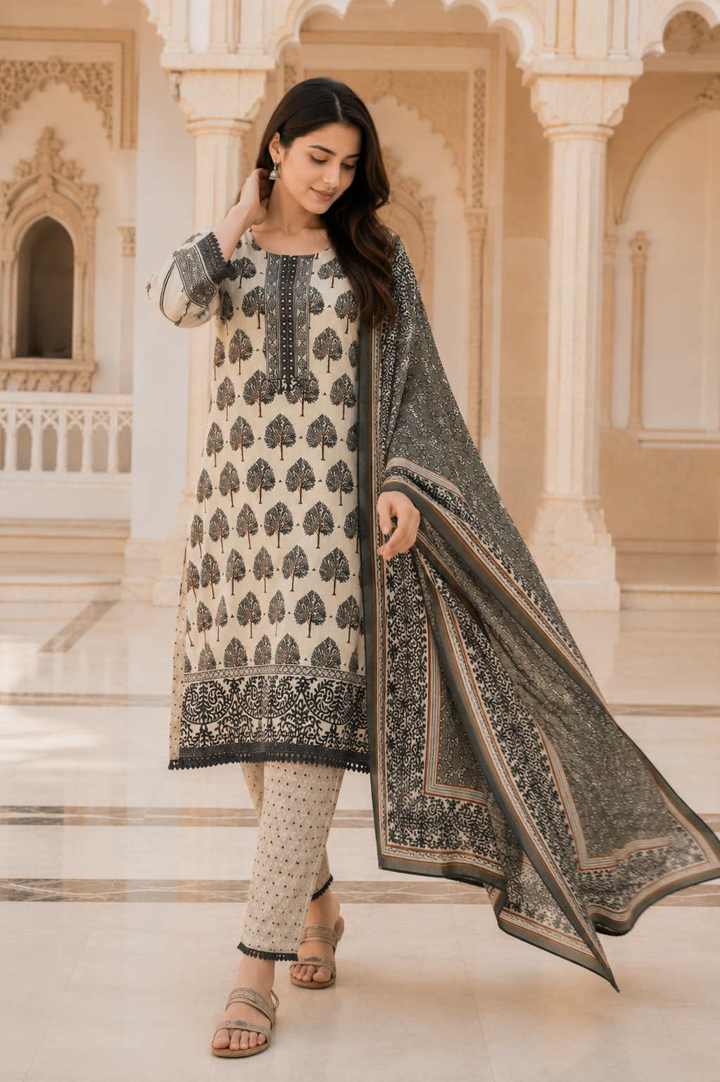 Women's Heritage Tree Printed Kurta Set with Dupatta