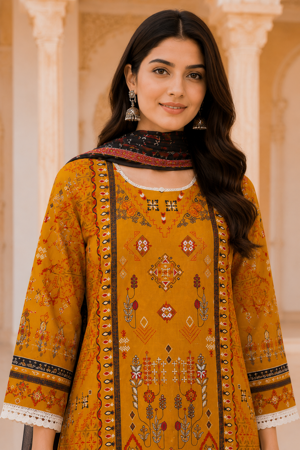 Women's Mustard Tribal Printed Kurta Set with Dupatta
