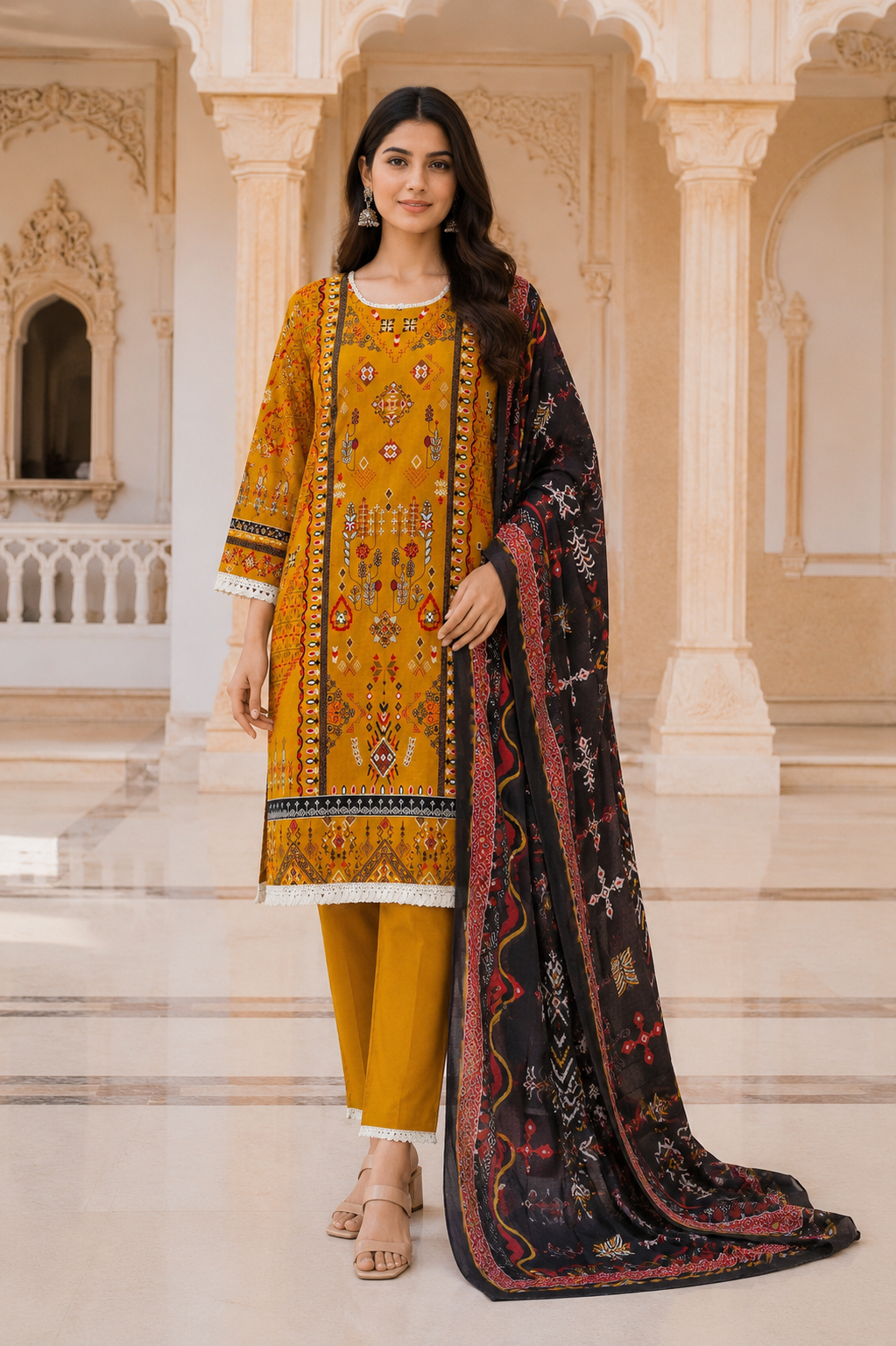 Women's Mustard Tribal Printed Kurta Set with Dupatta