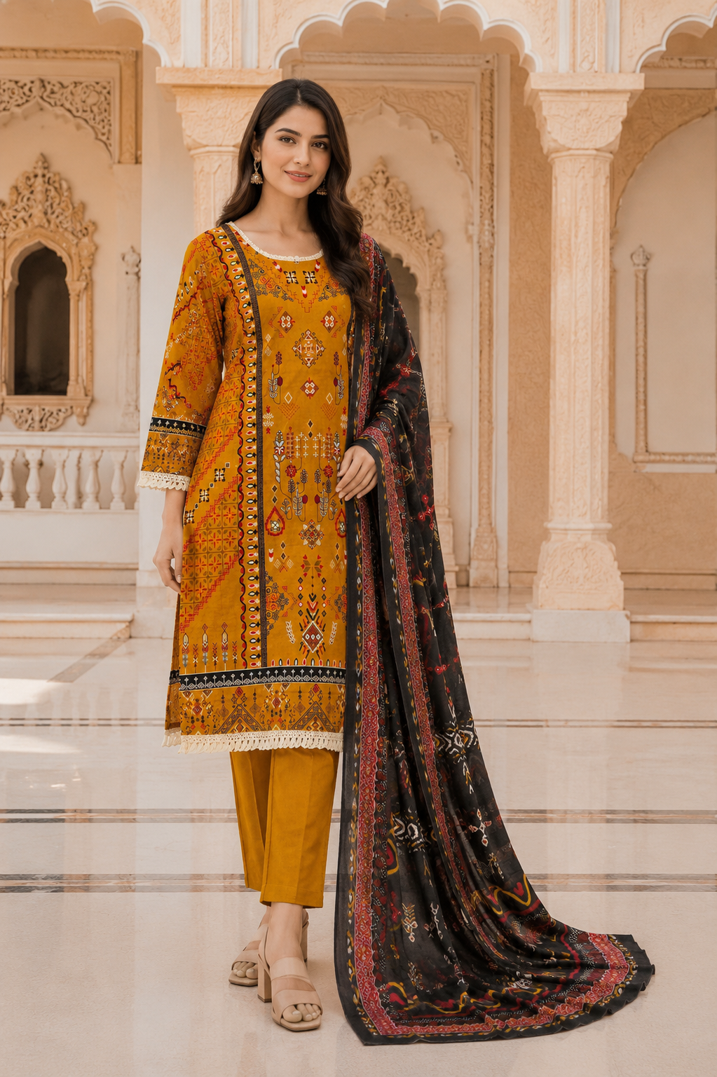 Women's Mustard Tribal Printed Kurta Set with Dupatta