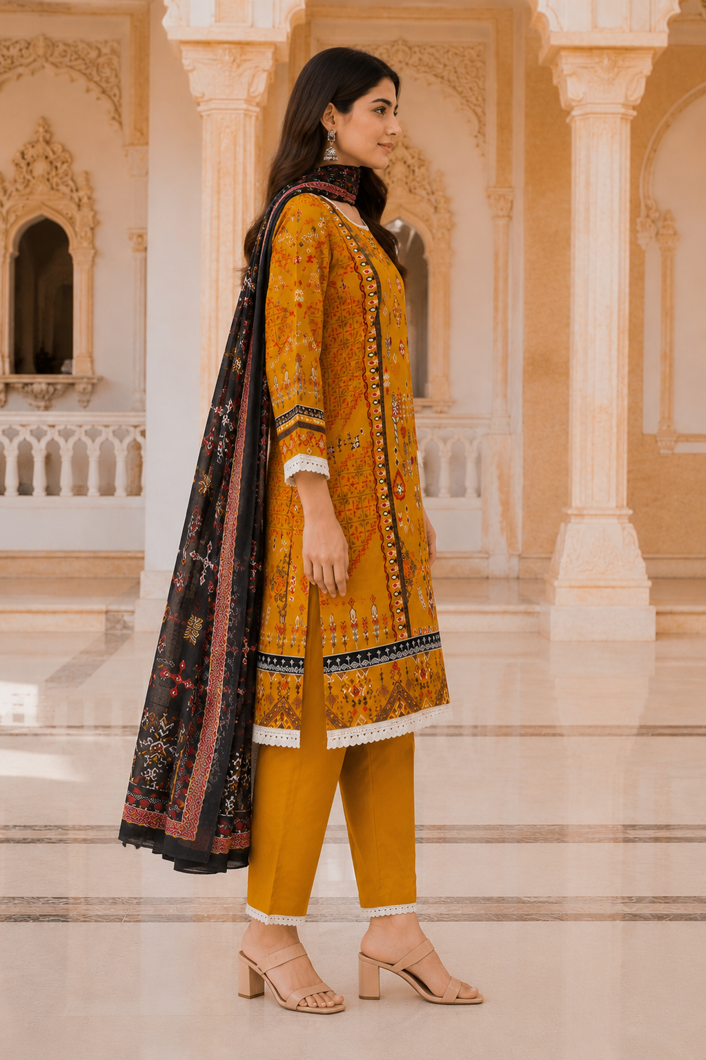 Women's Mustard Tribal Printed Kurta Set with Dupatta