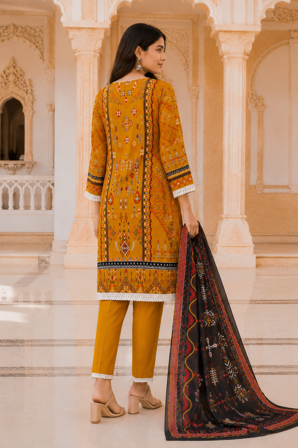 Women's Mustard Tribal Printed Kurta Set with Dupatta