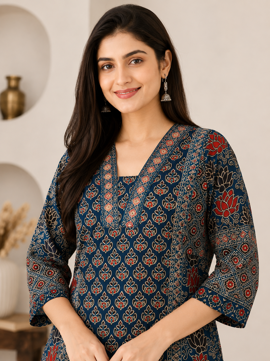 Women's Navy Printed Kurta Pant & Dupatta Set