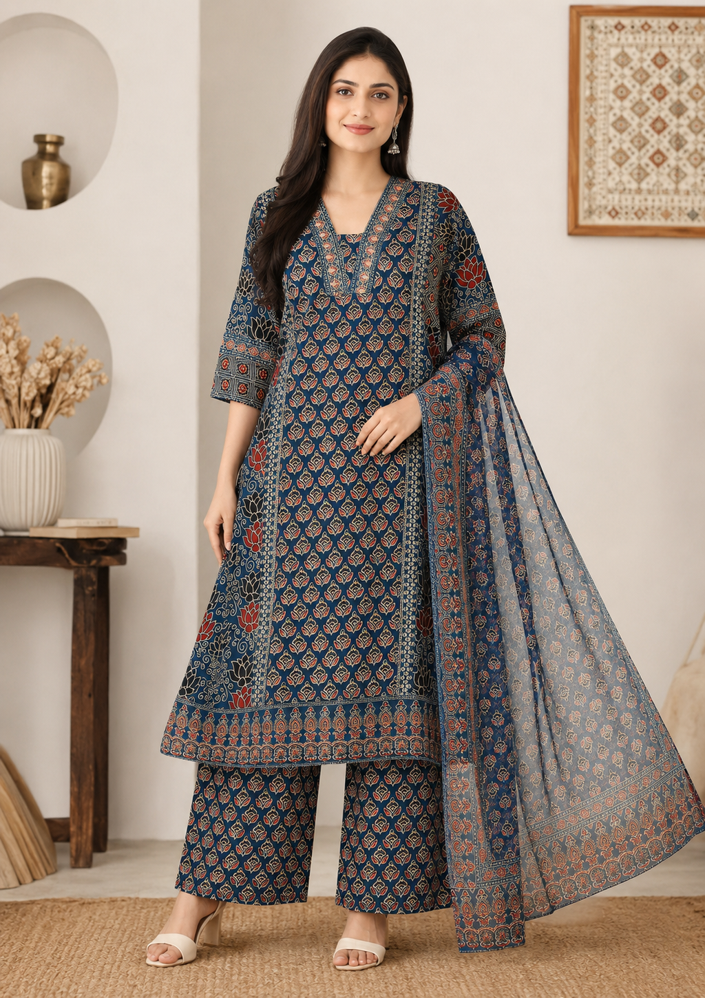 Women's Navy Printed Kurta Pant & Dupatta Set
