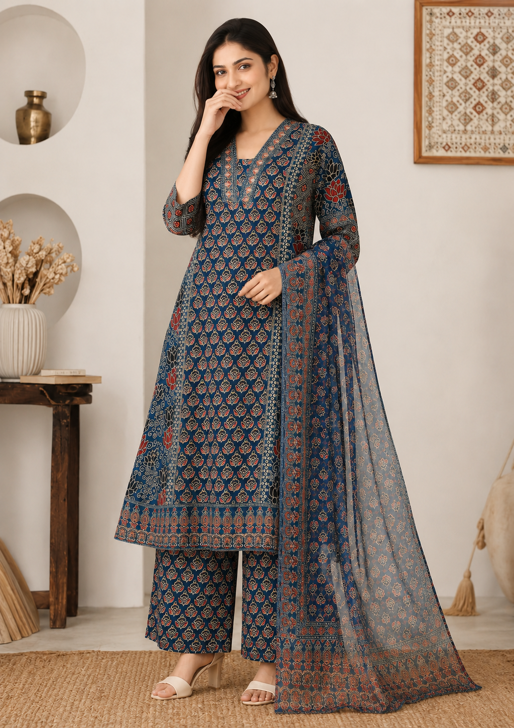 Women's Navy Printed Kurta Pant & Dupatta Set