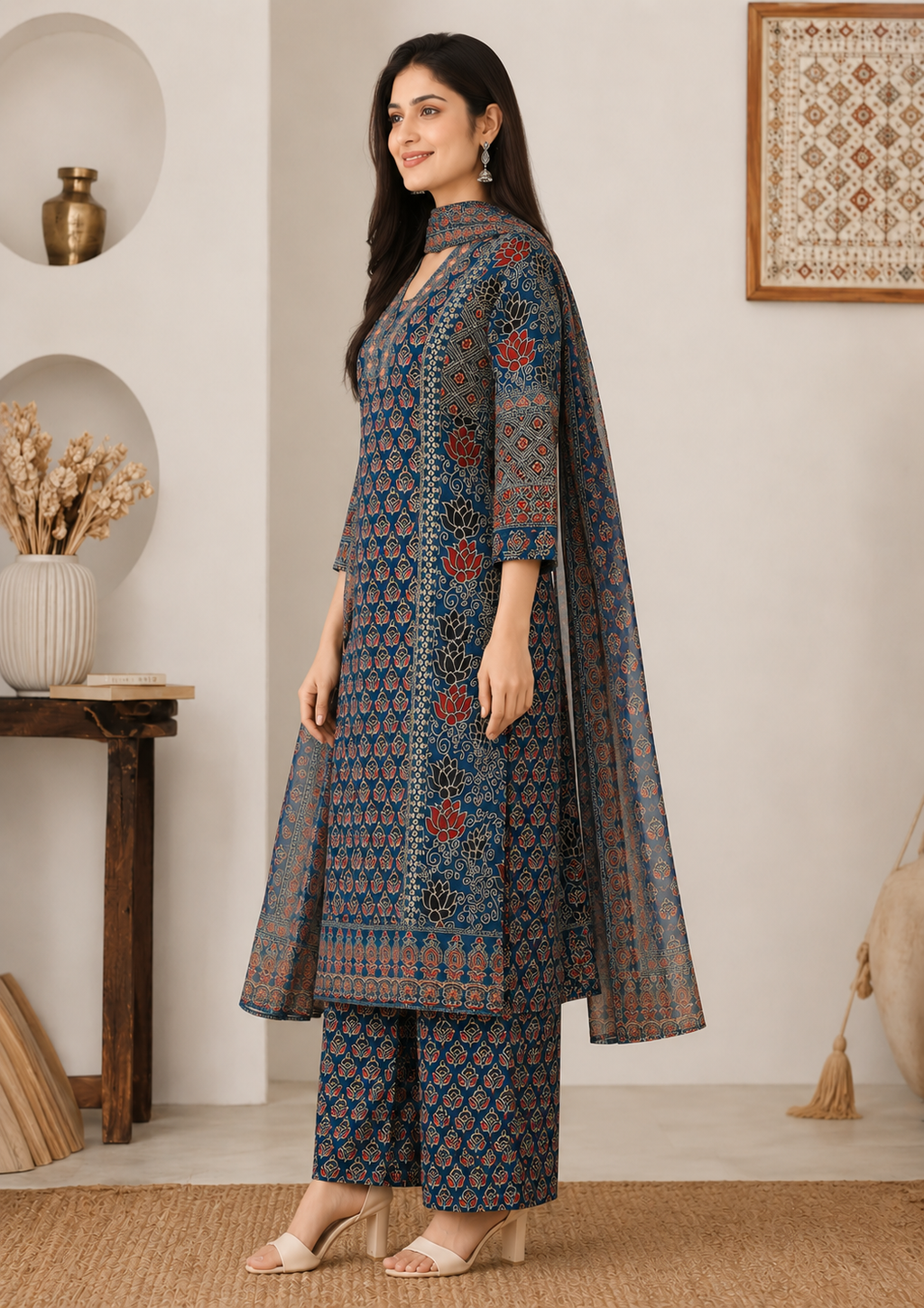 Women's Navy Printed Kurta Pant & Dupatta Set