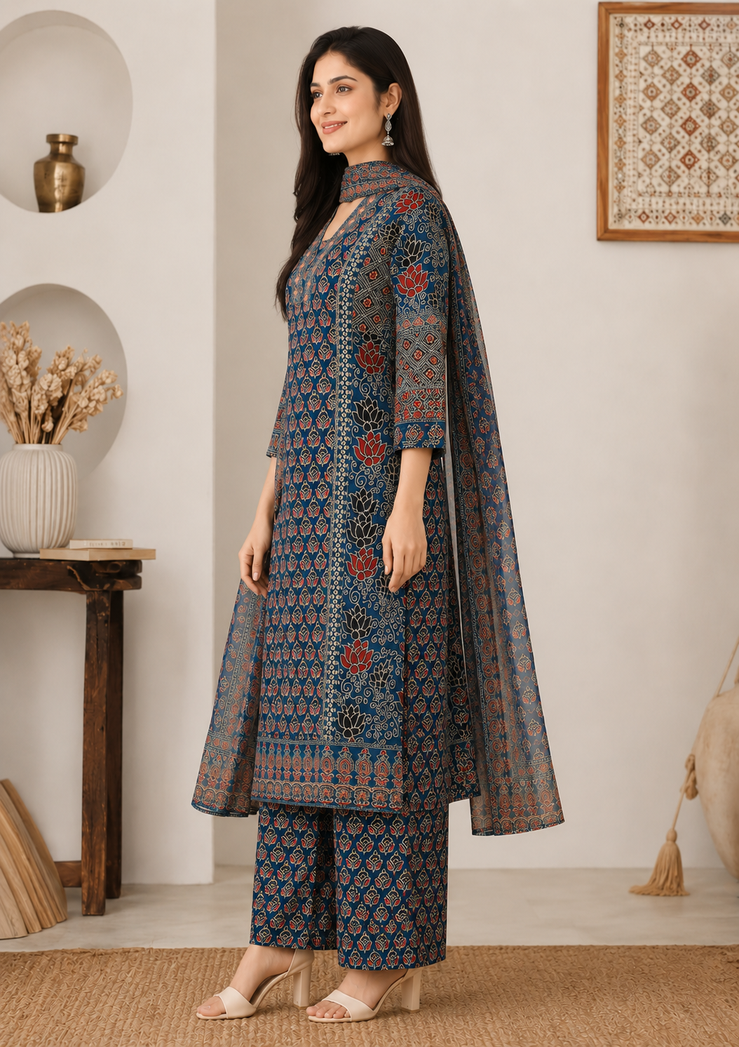 Women's Navy Printed Kurta Pant & Dupatta Set