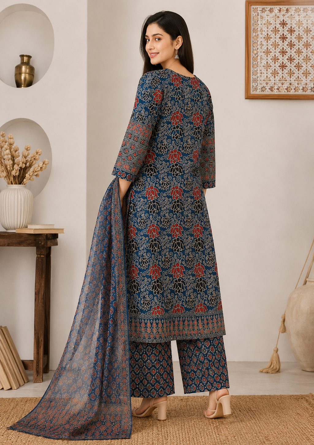 Women's Navy Printed Kurta Pant & Dupatta Set
