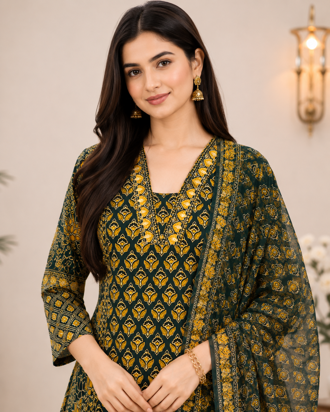 Women's Dark Green Block Printed Kurta Pant & Dupatta Set