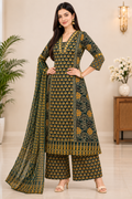 Women's Dark Green Block Printed Kurta Pant & Dupatta Set