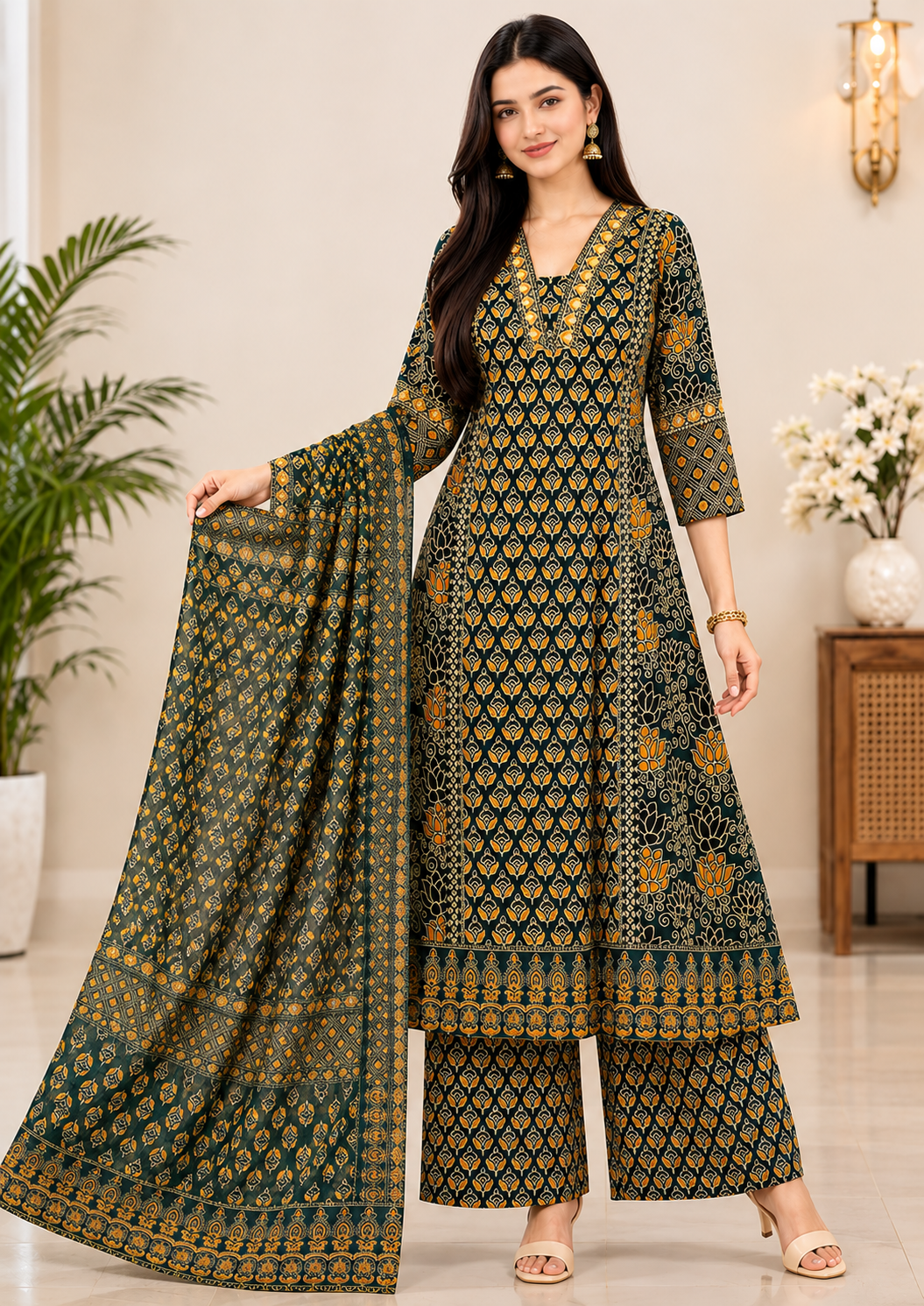 Women's Dark Green Block Printed Kurta Pant & Dupatta Set