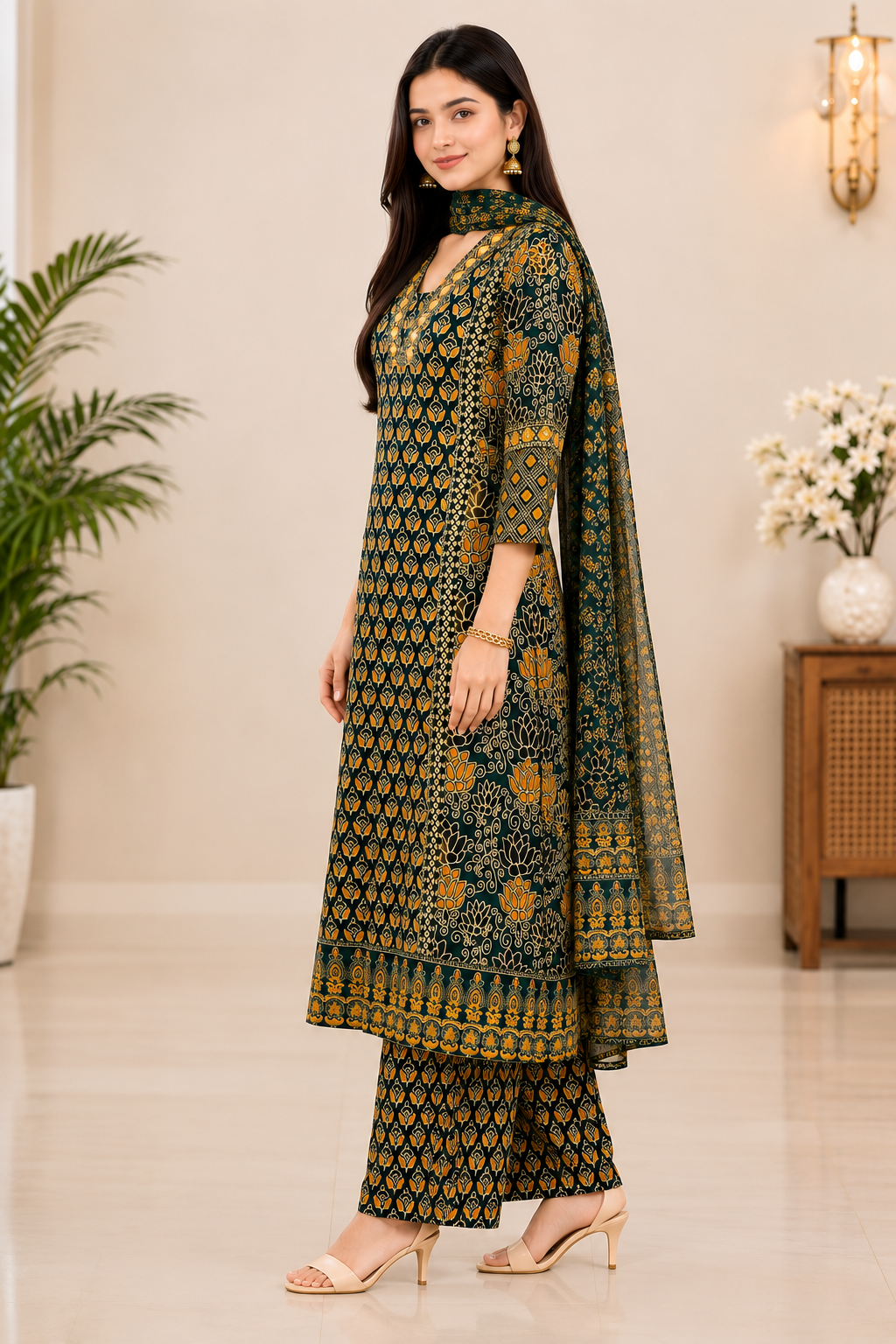 Women's Dark Green Block Printed Kurta Pant & Dupatta Set