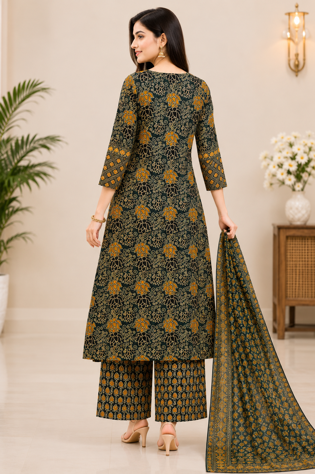Women's Dark Green Block Printed Kurta Pant & Dupatta Set