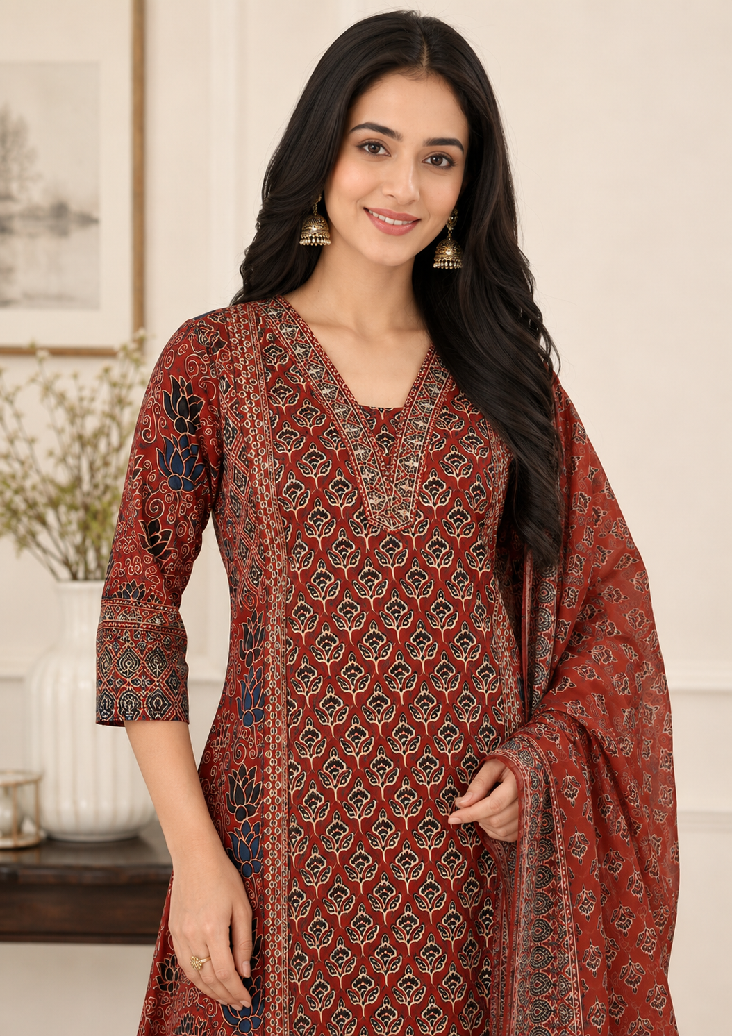Women's Maroon Block Printed Kurta Pant & Dupatta Set
