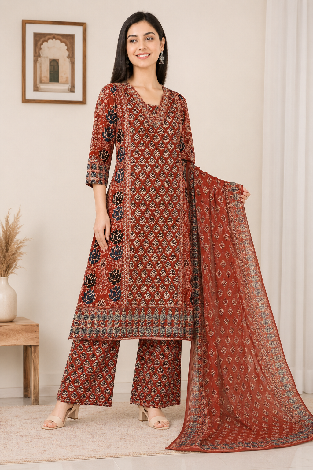Women's Maroon Block Printed Kurta Pant & Dupatta Set