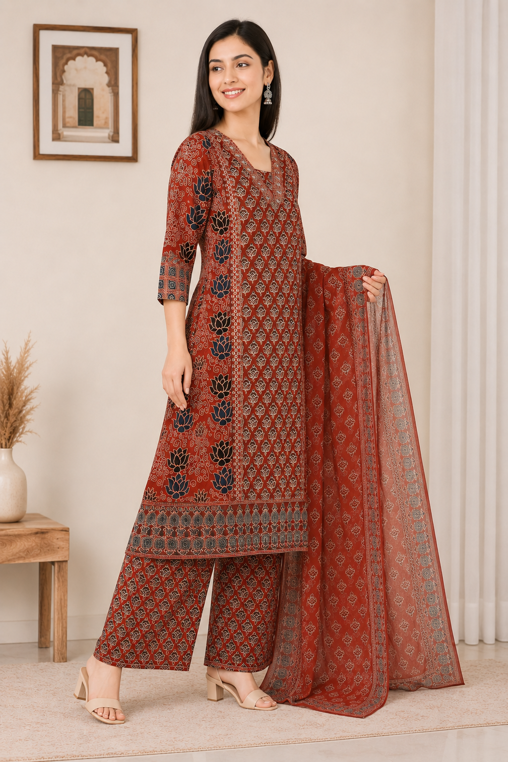 Women's Maroon Block Printed Kurta Pant & Dupatta Set