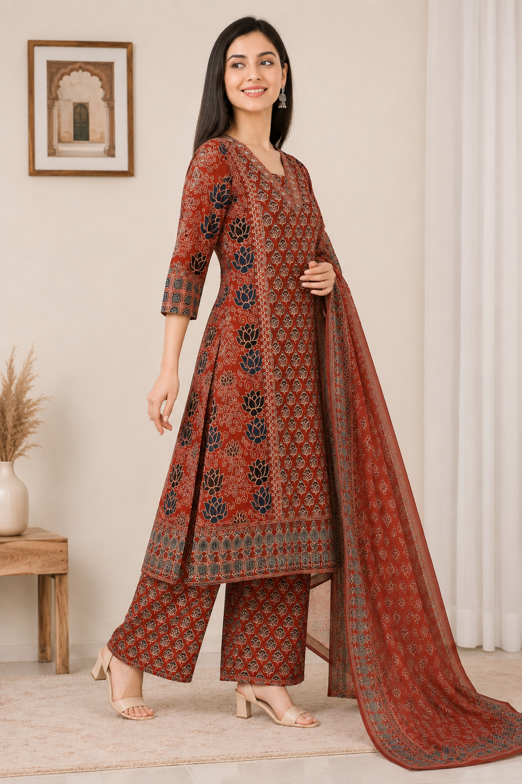Women's Maroon Block Printed Kurta Pant & Dupatta Set