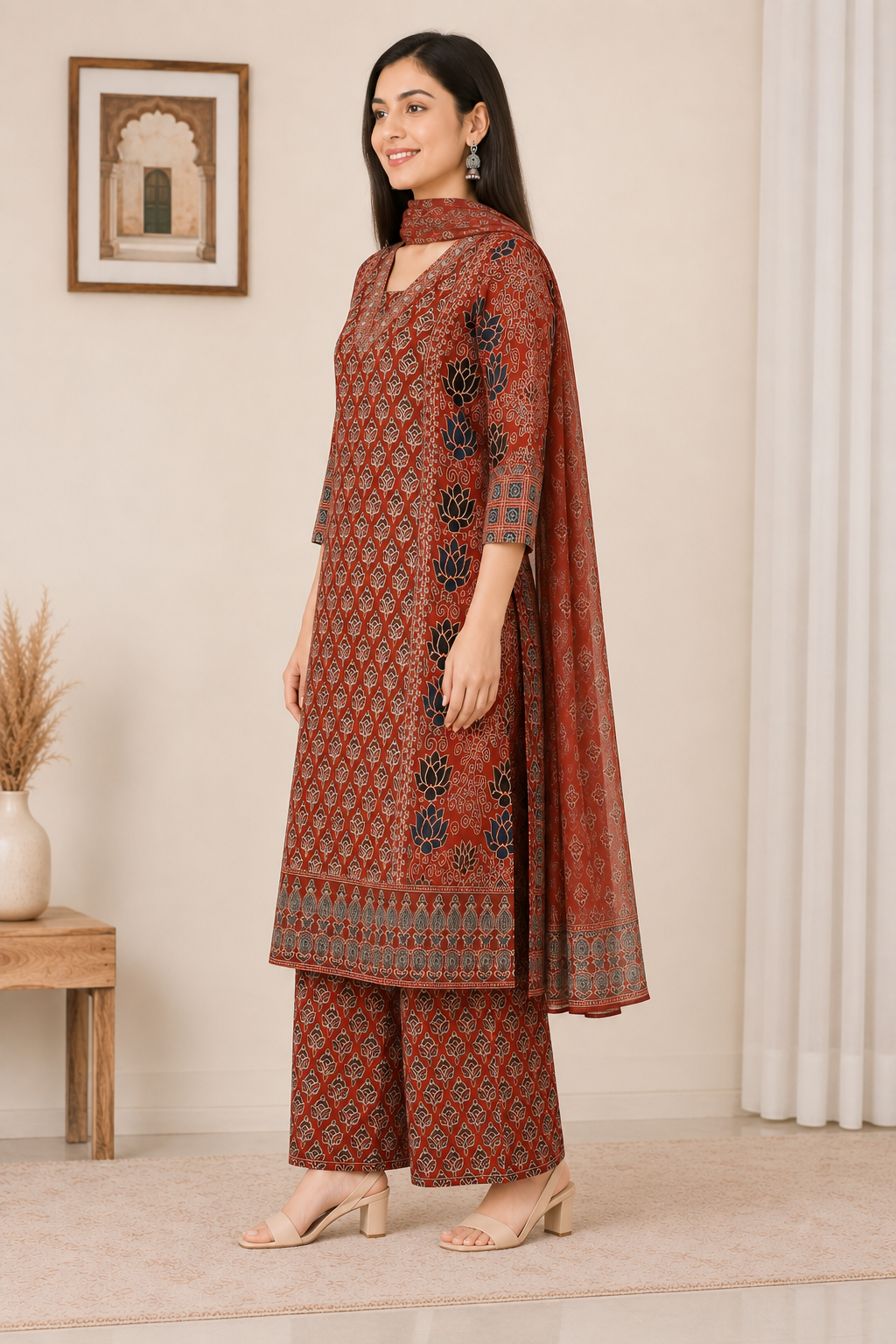 Women's Maroon Block Printed Kurta Pant & Dupatta Set