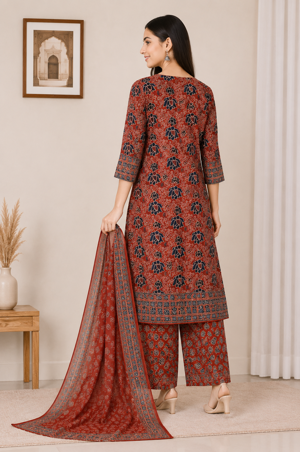 Women's Maroon Block Printed Kurta Pant & Dupatta Set