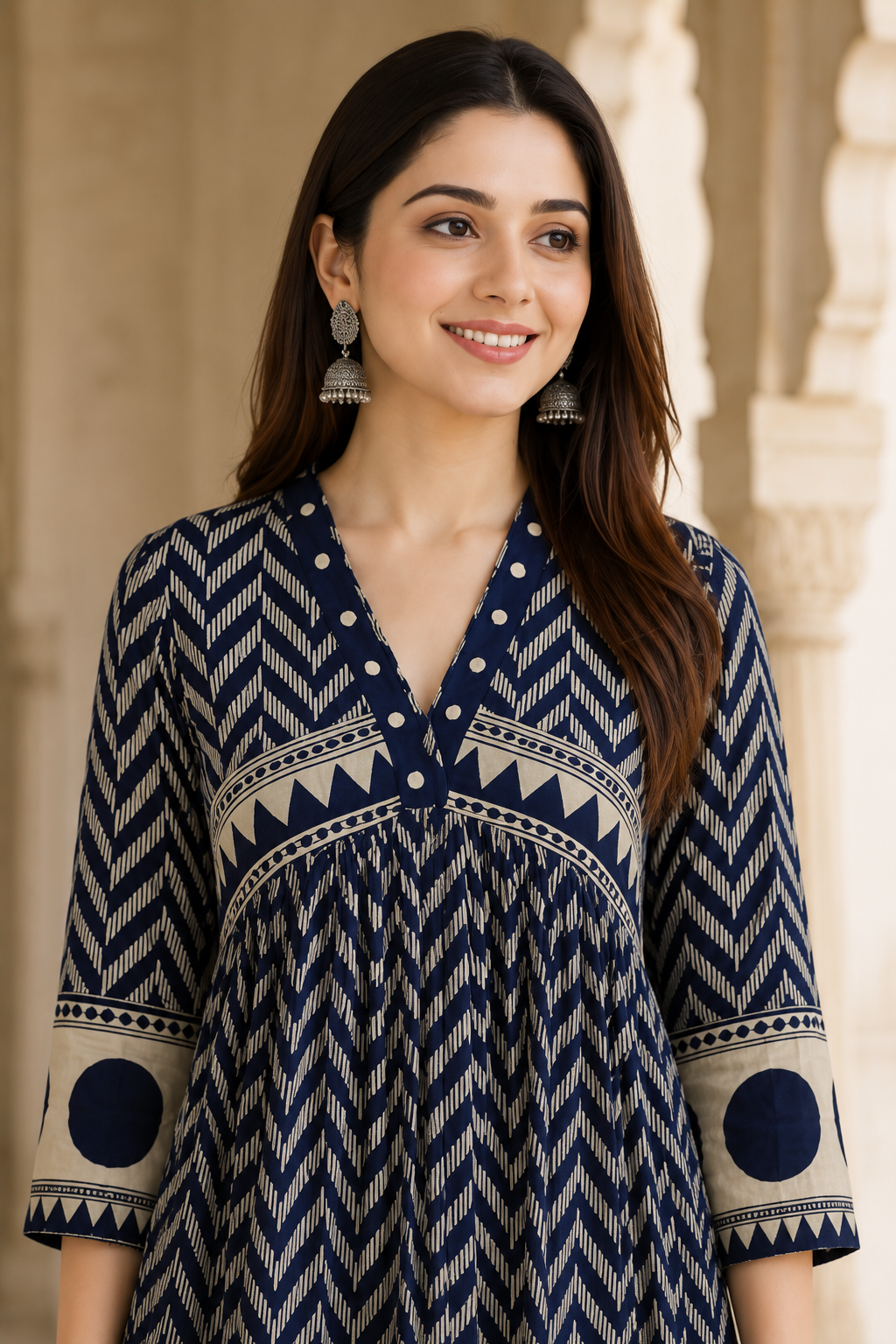 Women's Navy Blue Printed Kurta Pant & Dupatta Set