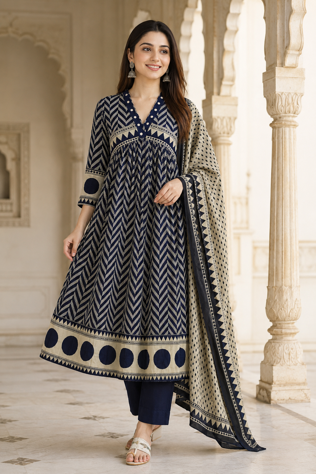 Women's Navy Blue Printed Kurta Pant & Dupatta Set