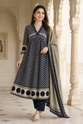 Women's Navy Blue Printed Kurta Pant & Dupatta Set