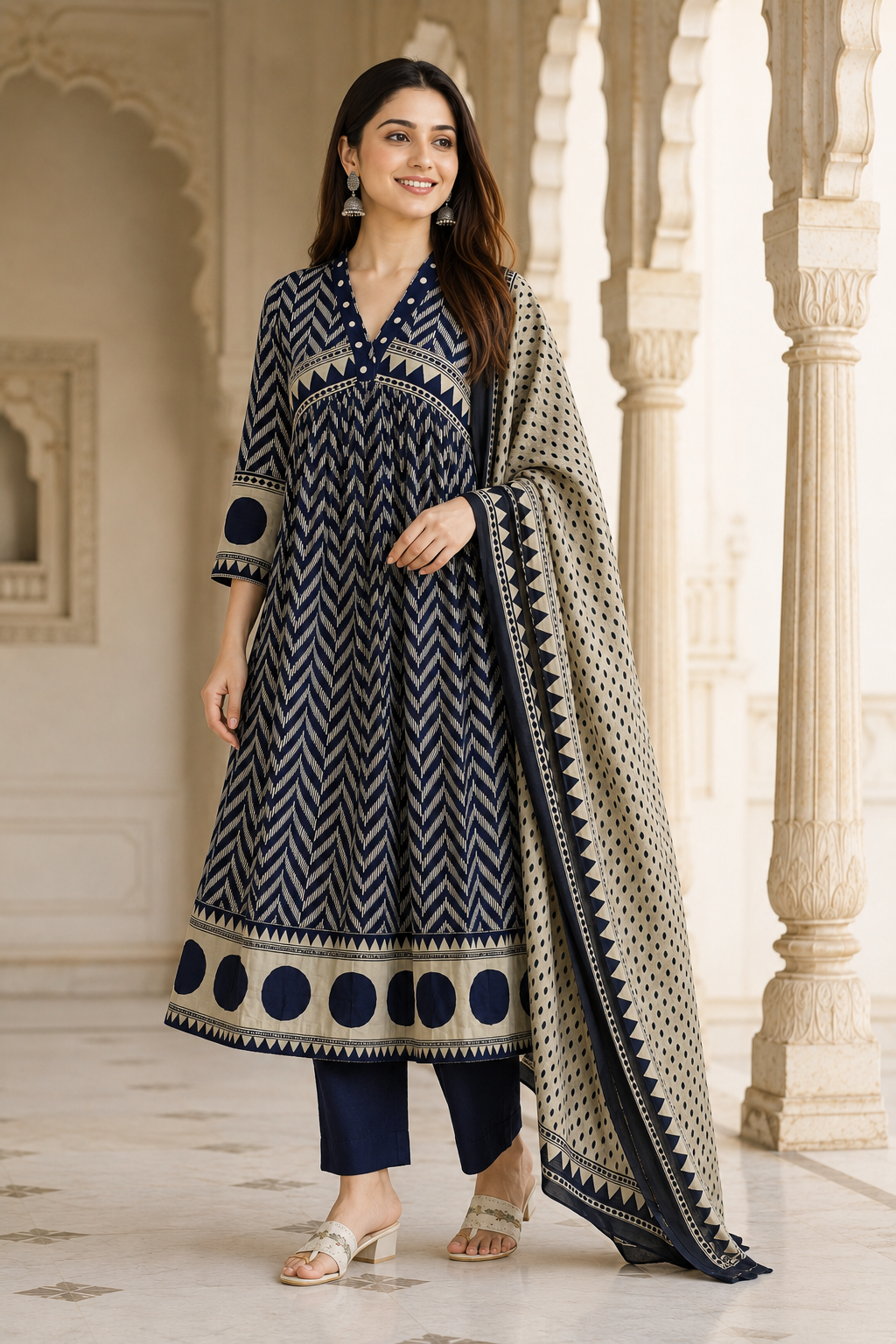 Women's Navy Blue Printed Kurta Pant & Dupatta Set