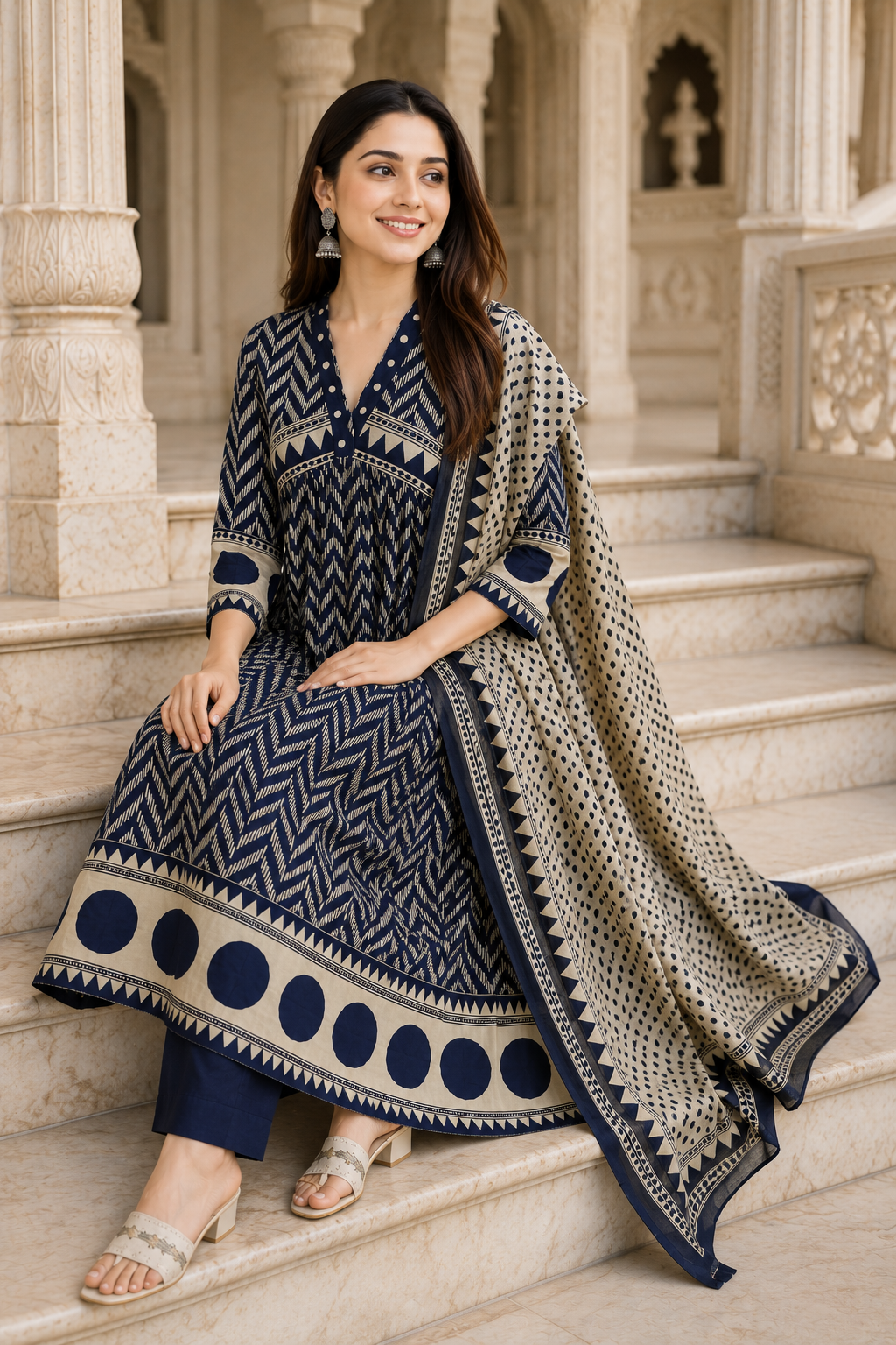 Women's Navy Blue Printed Kurta Pant & Dupatta Set