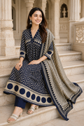 Women's Navy Blue Printed Kurta Pant & Dupatta Set
