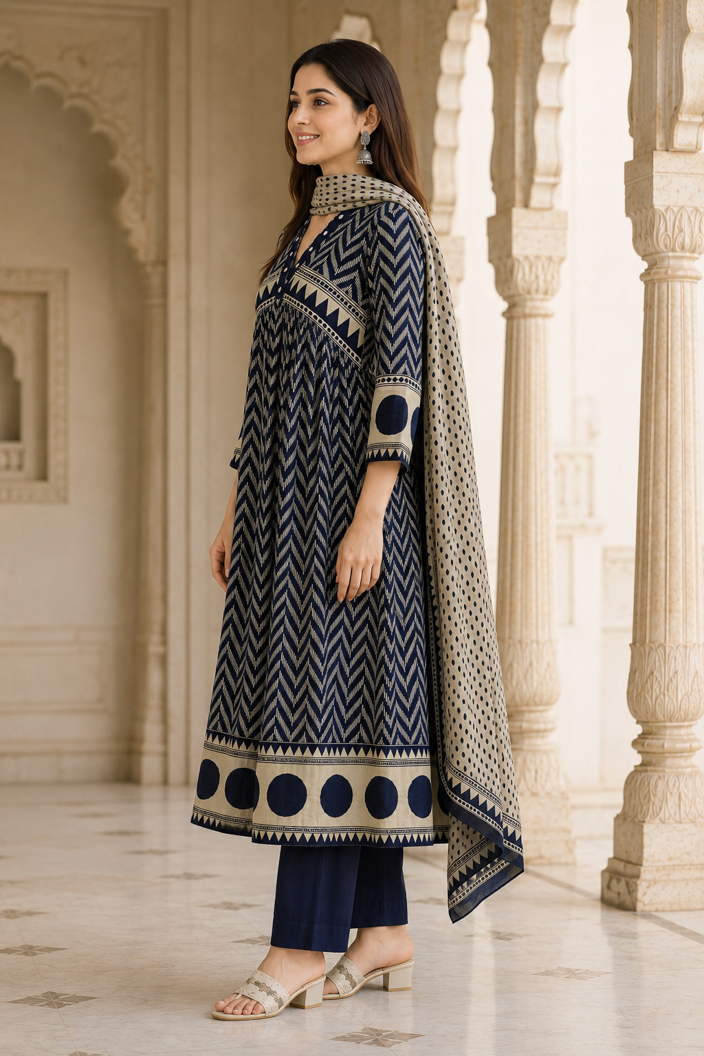 Women's Navy Blue Printed Kurta Pant & Dupatta Set