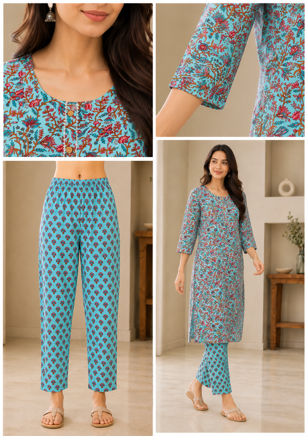Women's Floral Printed Kurta Pant Set - Sky Blue