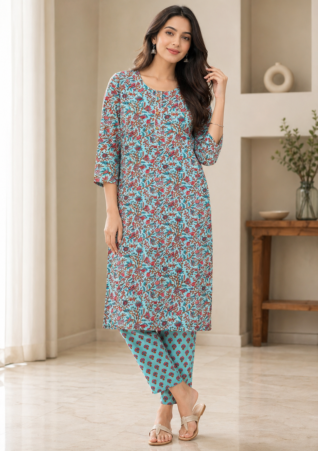 Women's Floral Printed Kurta Pant Set - Sky Blue