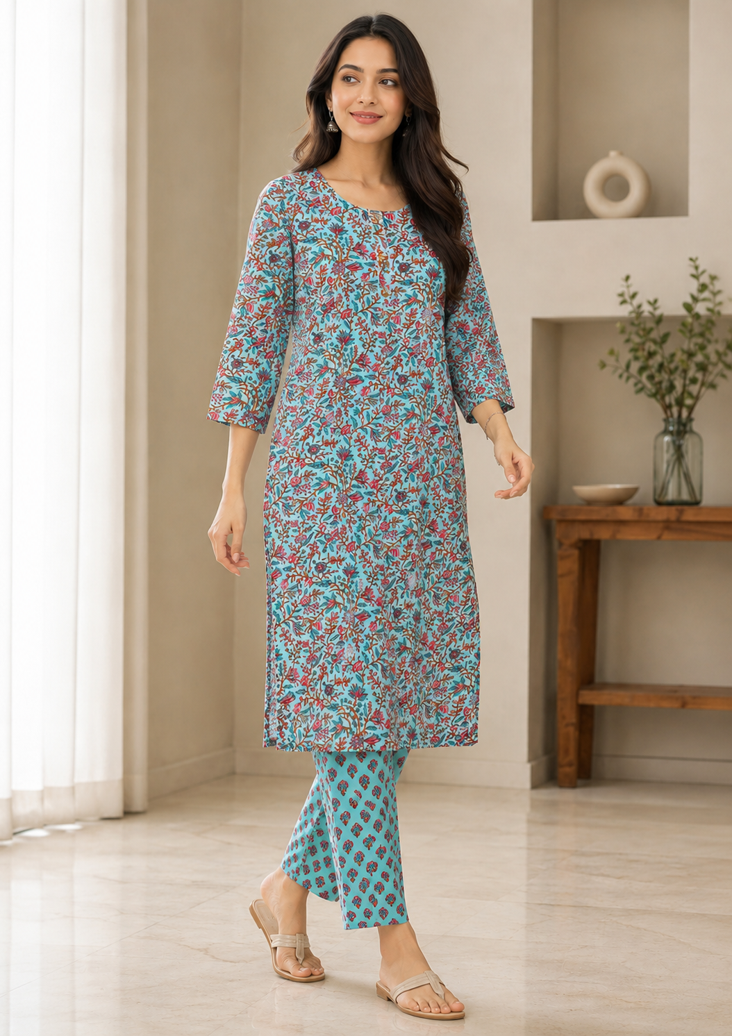 Women's Floral Printed Kurta Pant Set - Sky Blue