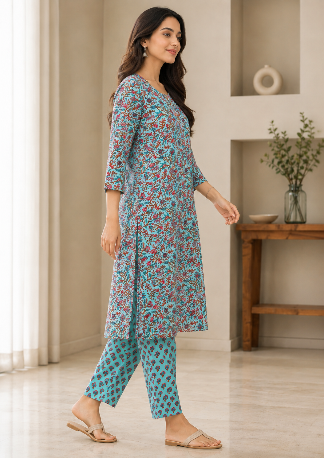 Women's Floral Printed Kurta Pant Set - Sky Blue