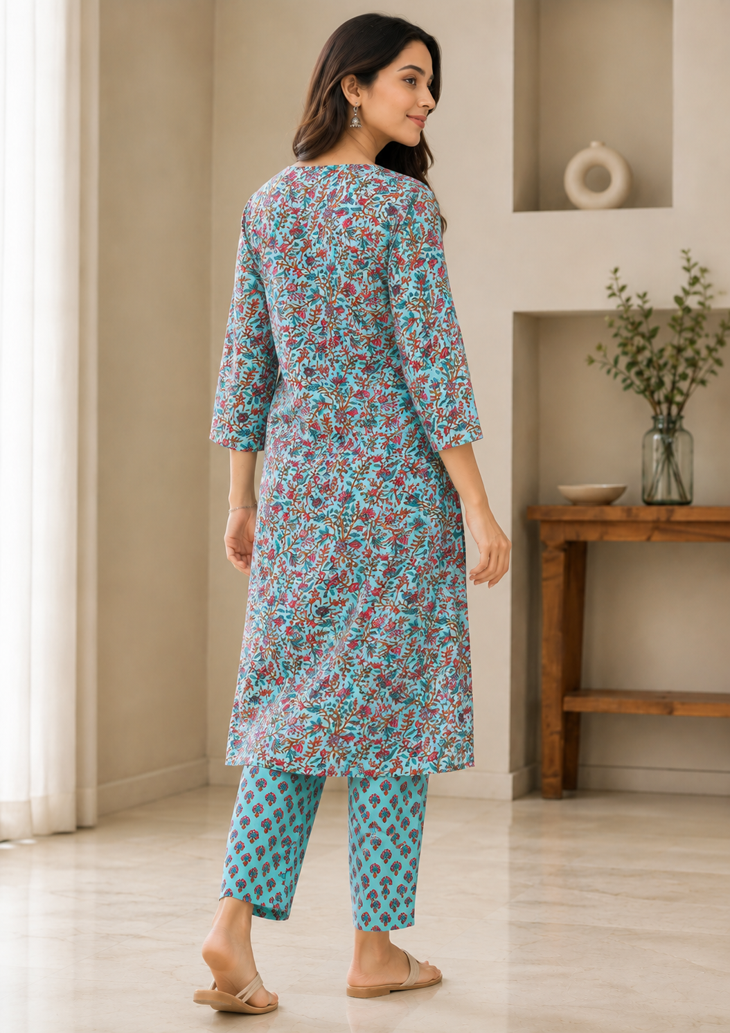 Women's Floral Printed Kurta Pant Set - Sky Blue