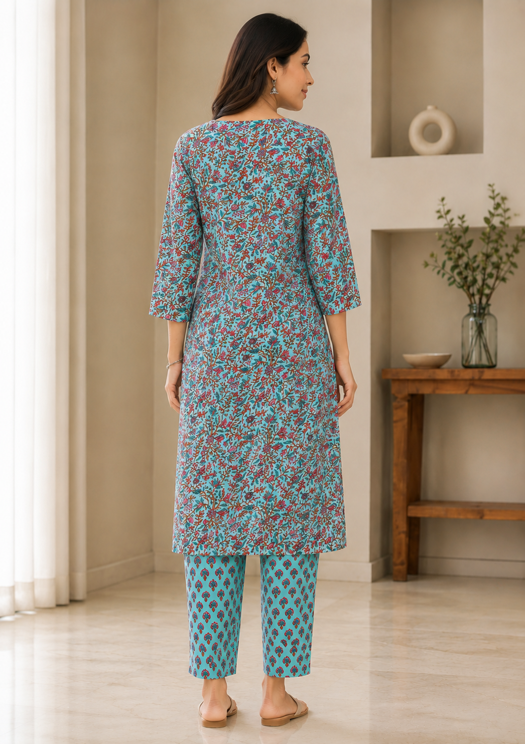 Women's Floral Printed Kurta Pant Set - Sky Blue