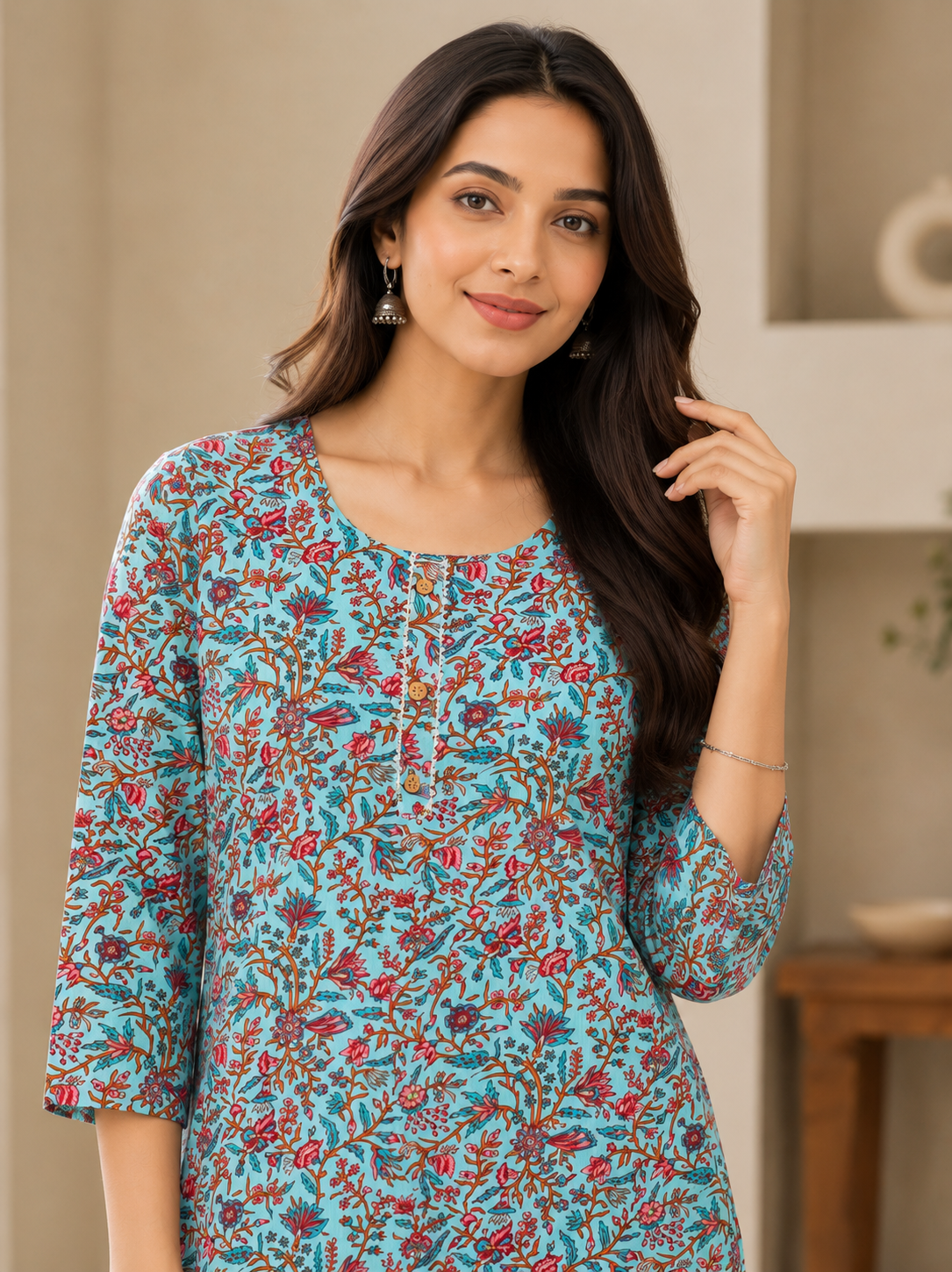 Women's Floral Printed Kurta Pant Set - Sky Blue