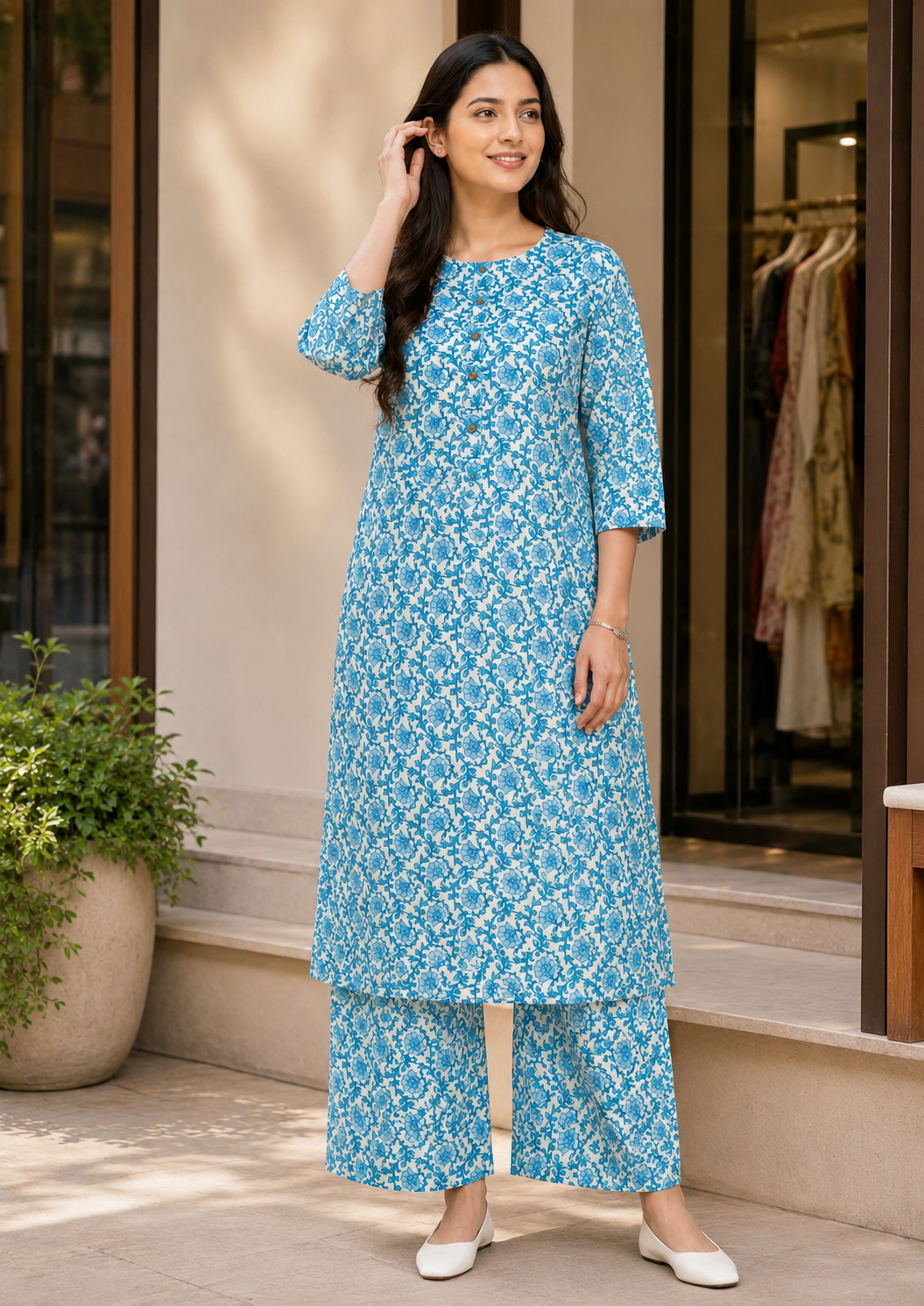 Women's Floral Printed Kurta Pant Set - White