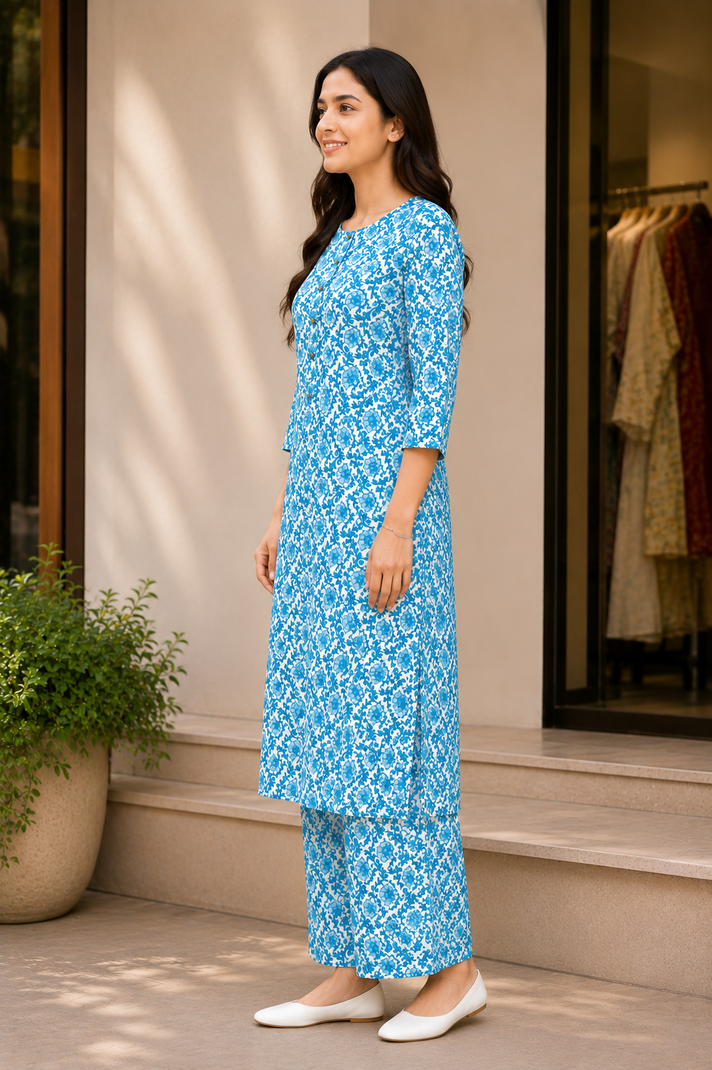 Women's Floral Printed Kurta Pant Set - White