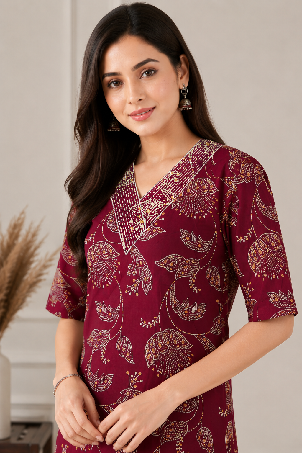 Women's Maroon Floral Printed Kurta Pant Co-Ord Set