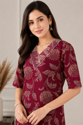 Women's Maroon Floral Printed Kurta Pant Co-Ord Set