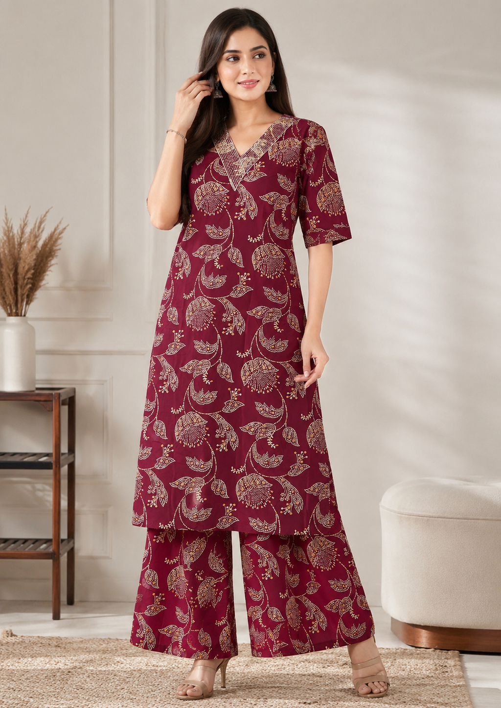 Women's Maroon Floral Printed Kurta Pant Co-Ord Set