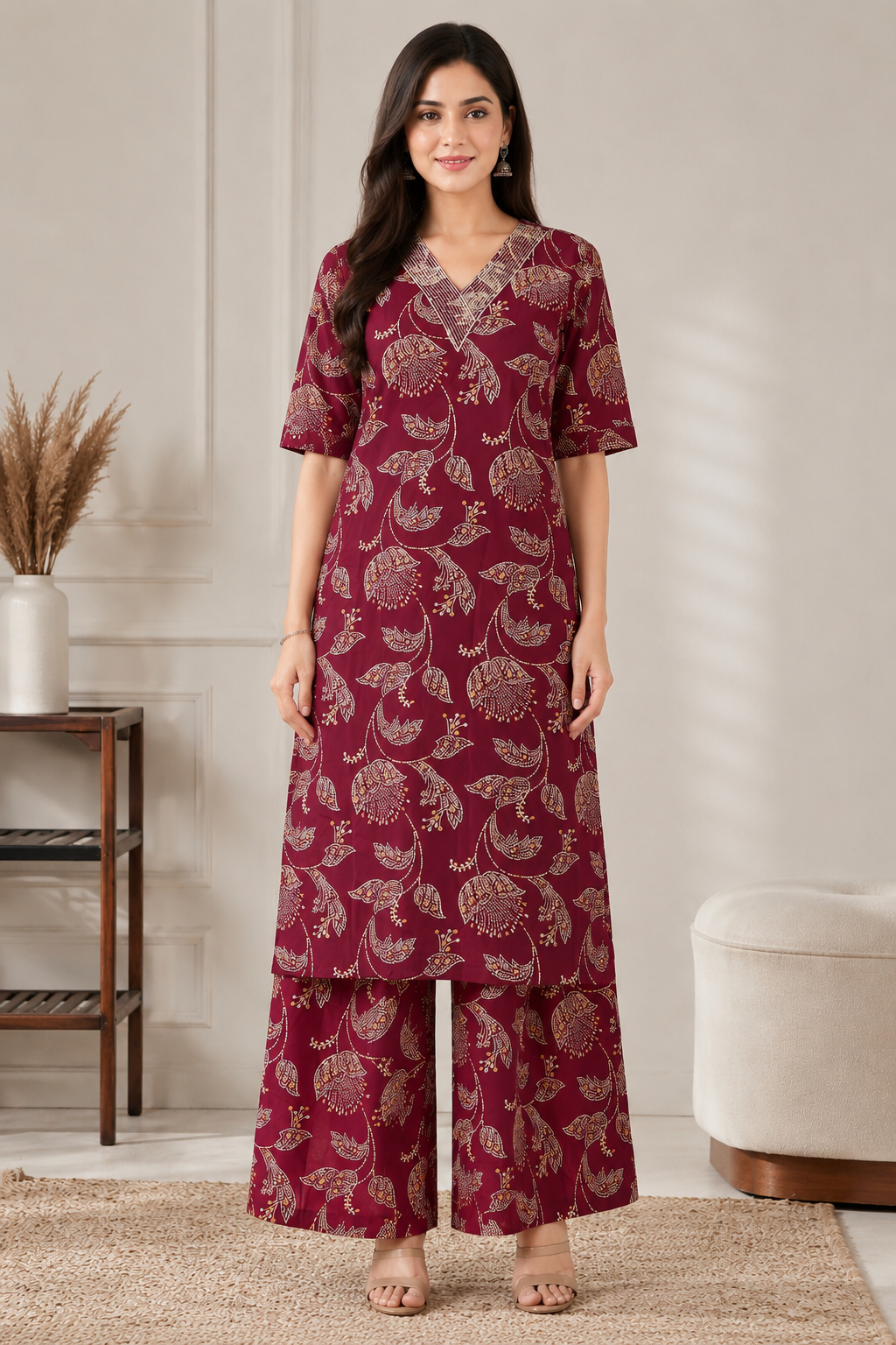 Women's Maroon Floral Printed Kurta Pant Co-Ord Set