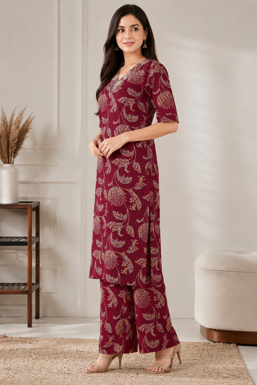 Women's Maroon Floral Printed Kurta Pant Co-Ord Set