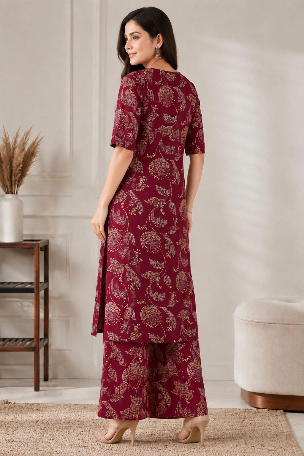 Women's Maroon Floral Printed Kurta Pant Co-Ord Set