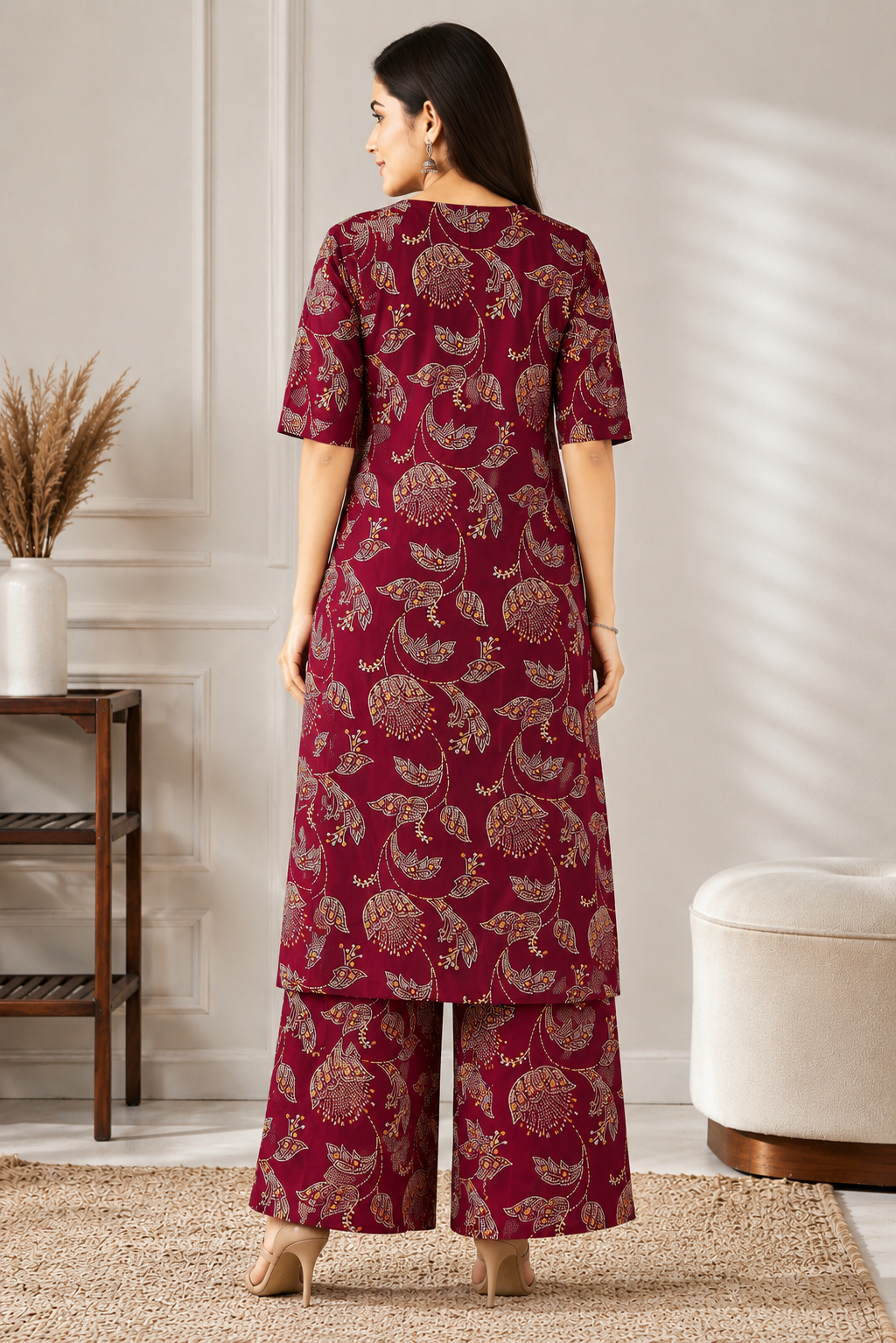 Women's Maroon Floral Printed Kurta Pant Co-Ord Set